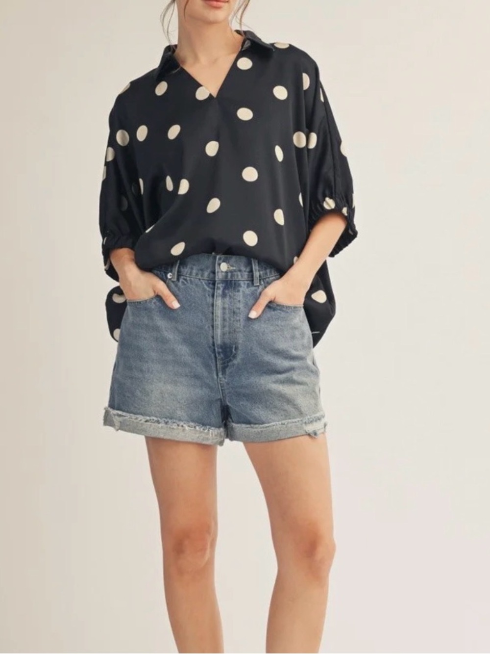 JODIFL Black Polka Dot V-Neck Blouse with Cream Dots